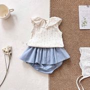 FLM☆2025夏新作 ベビー服女の子付け襟リボン柄無袖トップス＆短パンツ