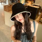 レースバゲットハット　ストラップ付き小顔ハット　日焼け止め　韓国帽子