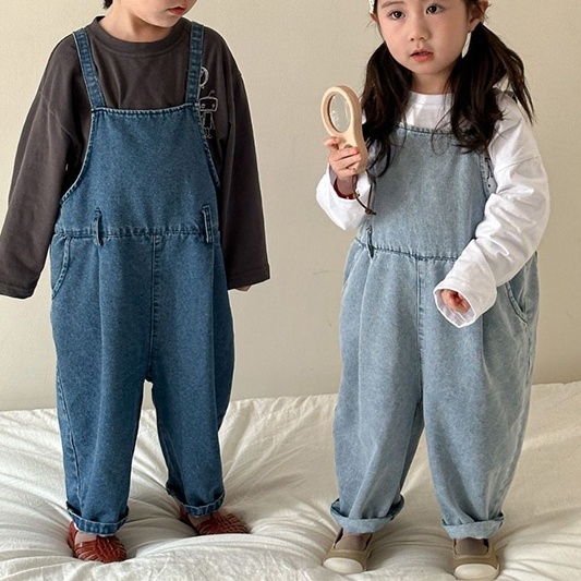 QQMM☆2025春新作 韓国風姉妹兄弟コーデ無地デニムサロペットロングパンツ