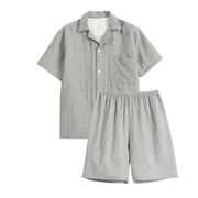 日本式無印風良品綿二重糸パジャマ女性綿半袖パジャマ夏綿半袖ホームウェア(男) 二重糸半袖半ズボングレ