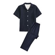 無印風良品水洗い綿二重糸パジャマ女性純綿半袖長ズボン純綿夏カップルホームウェア(男) 二重糸半袖長ズ