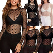 レディースセクシーレース長袖メッシュシャツ インナー用セクシーベスト110010