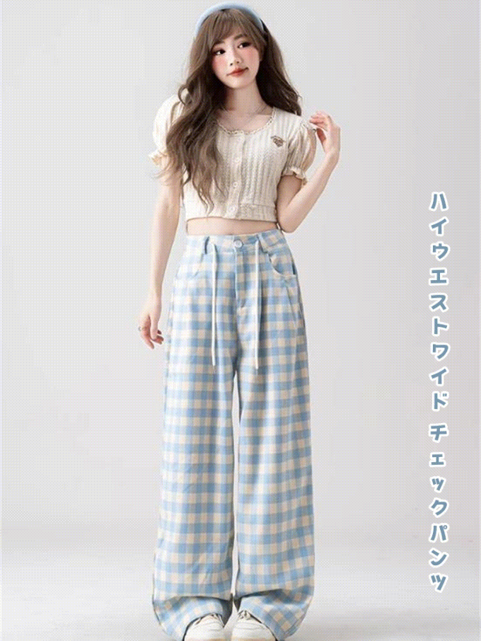 甘辛コーデならおまかせ INSスタイル トレンドチェックパンツ ハイウエストワイド 2025春
