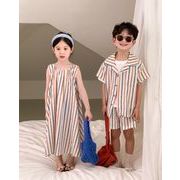 2025夏新作 子供服 兄弟姉妹コーデ  半袖とショートパンツのセット &ストライプ ワンピース 90-150cm