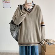 TSHEK秋インスタ風香港風カラーブロックVネックニットセーター ルーズ毛糸セーター