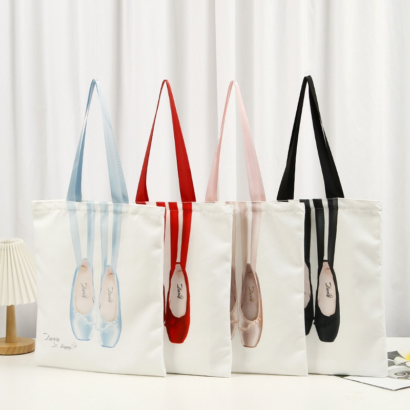 4色  バレエシューズ柄　ショルダーバッグ　縦型　キャンバス　トートバッグ　大容量　バレエ雑貨