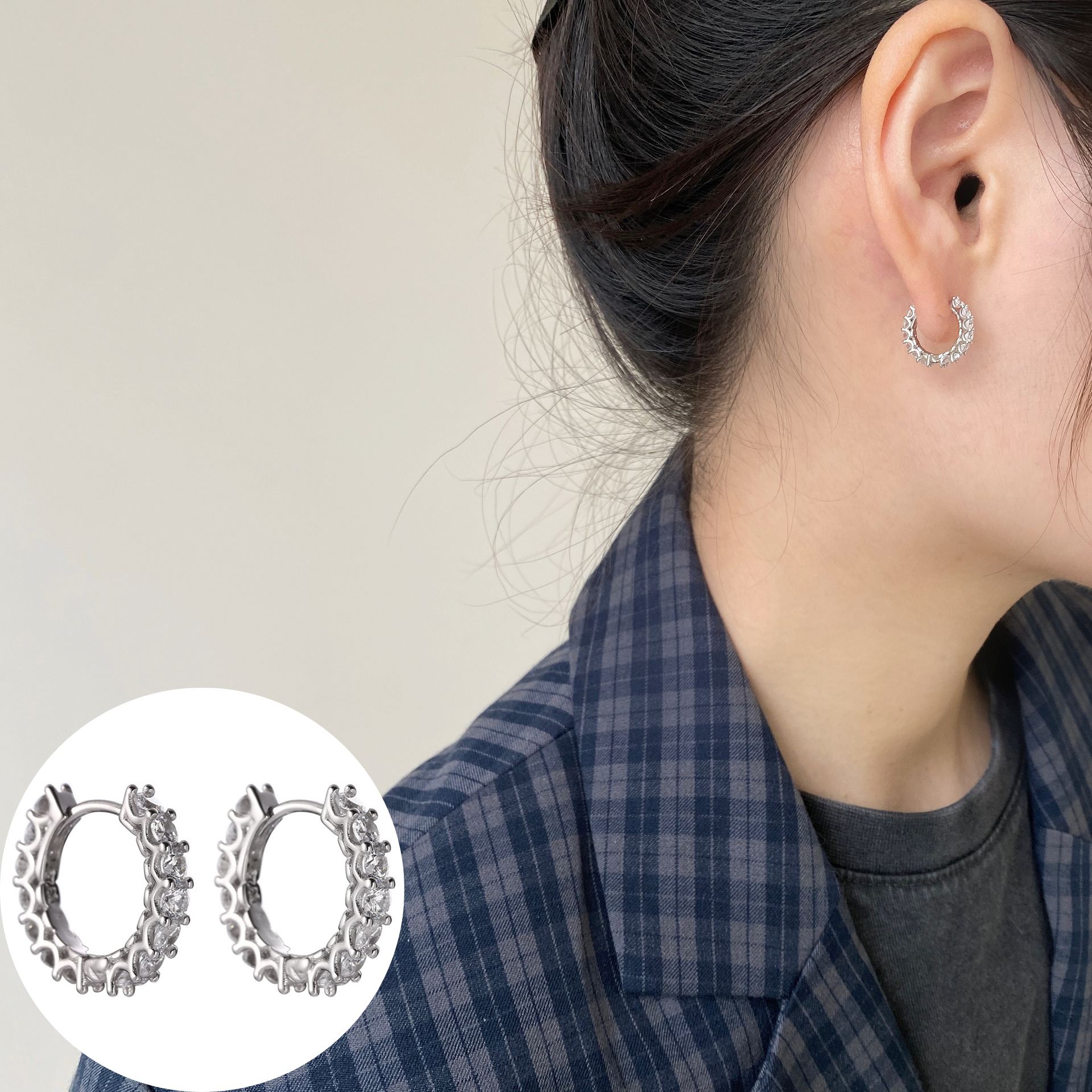 ダイヤ連ピアス カーブ キャッチレス バックレス S925 シルバーアクセサリー アレルギー対応 おしゃれ 上品