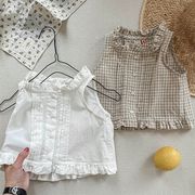 2025年夏 女の子ノースリーブシャツ 清涼感あるフリル付きチェック柄ベスト