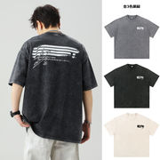 メンズ 雪花ウォッシュ加工 半袖Tシャツ 夏新作 ビンテージ風 ロゴプリント ゆったりカジュアル★全3色
