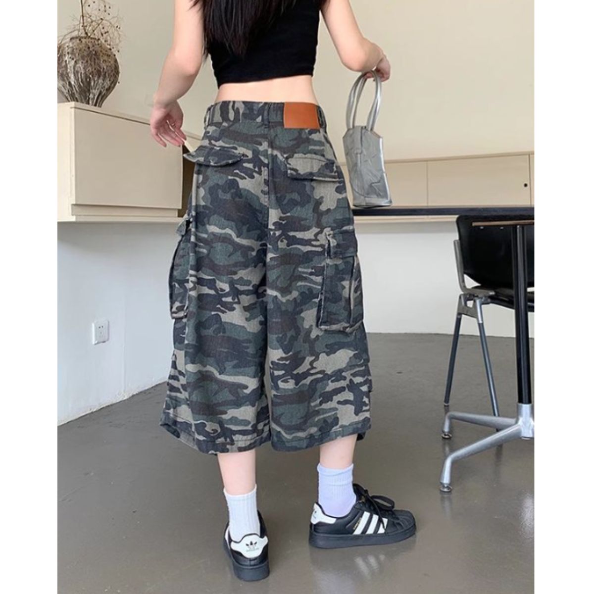 古着風ウォッシュ加工バンドデザインハーフパンツ 韓国