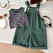 2025夏新作 デニムオーバーオールセット ストライプTシャツ 2点セット