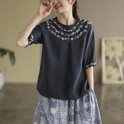 【新作】春夏花柄刺繍トップス半袖Tシャツ綿麻