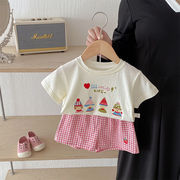 YY☆女児用キャラクターセット0-5歳ベビー用Tシャツ格子柄ショートパンツ2点セット