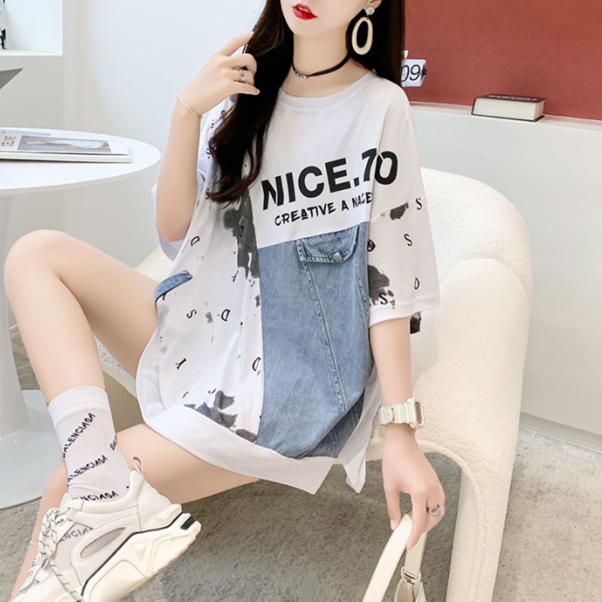 tシャツ 韓国ファッション MARE刺繍ロゴ半袖デニムTシャツ レディース メンズ STATUS tシャツ 韓国 ファッション ストリート ブランド 刺繍