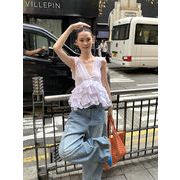 当店のおすすめ 韓国ファッション セクシー ノースリーブ 2025年夏物 フリルデザイン 短め丈シャツ