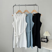 独特の存在感 リボンデザイン前スリットノースリーブ背心ワンピース ミディアム丈スタイルアップ韓国風