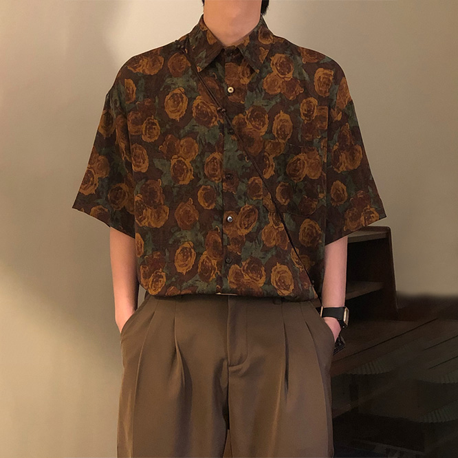 CB☆2025年夏 ヴィンテージ風フローラル総柄デザイン半袖シャツ メンズ ハイセンスシャツ