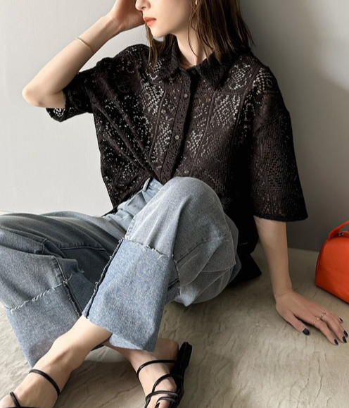 レース透け感半袖カーディガン白ブラウス
