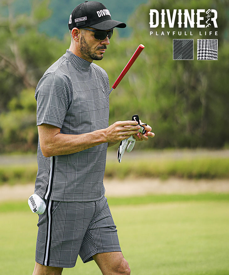 【2025年夏の新作】チェック 半袖 モックネック+ラインハーフパンツ 2点セットアップ／DIVINER GOLF
