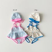 全2色[80-130cm] キッズ水着3点セット ドット柄キャミソール＆ショートパンツ＆帽子 女の子用スイムウェア