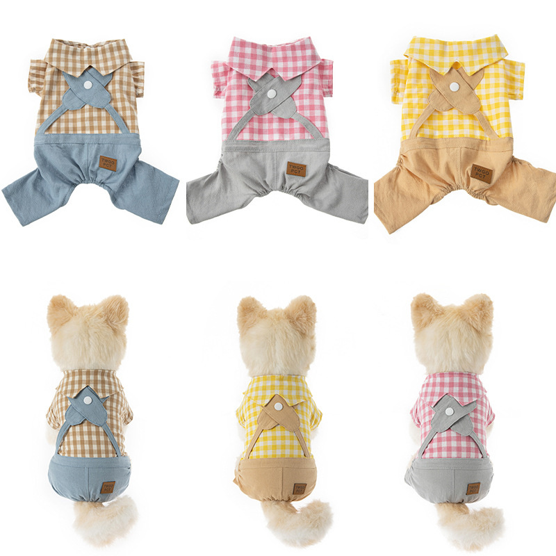 ペット用品、猫と犬用の新しい夏の薄手チェック柄四つ足ワンジー、ペット服、猫服、犬服