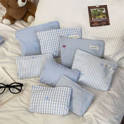 化粧ポーチ 多機能　収納ポーチ　小物収納　韓国ファッション　蝶結び　ブルー　チェック柄