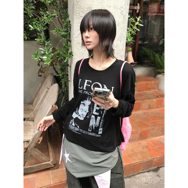 【予約226362】大きいサイズ秋冬新作 韓国風 レディース  プリント 長袖  Tシャツ LL-4L