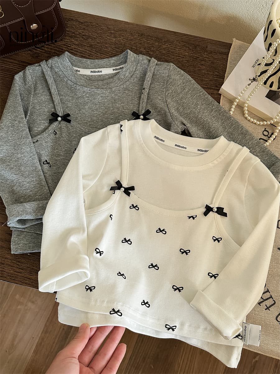 2025秋新作 韓国風子供服 キッズ服   長袖 トップス リボン  Tシャツ  カットソー 2色 90cm-140cm