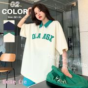 Tシャツ ハーフジップ 半袖 カットソー カレッジ ロゴ シンプル レディース ５分袖 韓国ファッシ