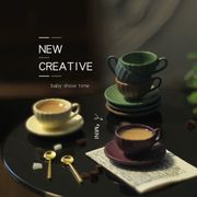 カップ+皿+スプーン   ドールハウス   撮影道具   モデル   ミニチュア   オーナメント   置物   模型  6色