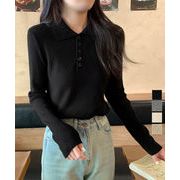 【日本倉庫即納】 ポロリブニットトップス ベーシック春秋服