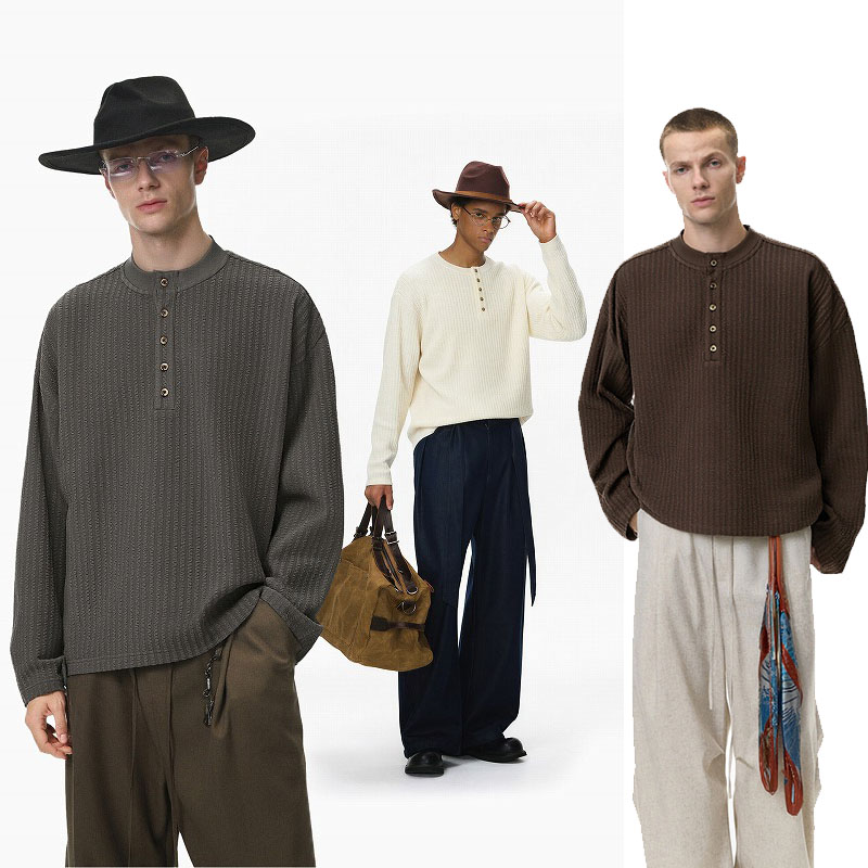 メンズ ヘンリーネック長袖Tシャツ 秋新作 無地トップス オールドマネー風 リラックスカジュアル★全3色