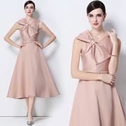 オシャレ高質大きい蝶結びノースリーブワンピースレディース 秋 新作4色