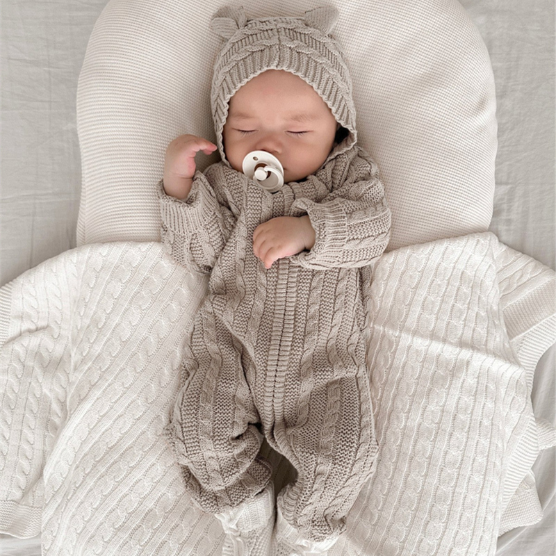 ins 春新作　ベビー服　アラン模様　ニット　オールインワン　可愛い　ロンパース　新生児　クマ耳　子供服