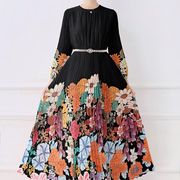 初回送料無料　プリーツプリントシルエット長袖ワンピース　レディースファッション人気トレンド