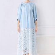 初回送料無料　レース透かし彫り刺繍ゆったり長袖ワンピース　レディースファッション人気トレンド
