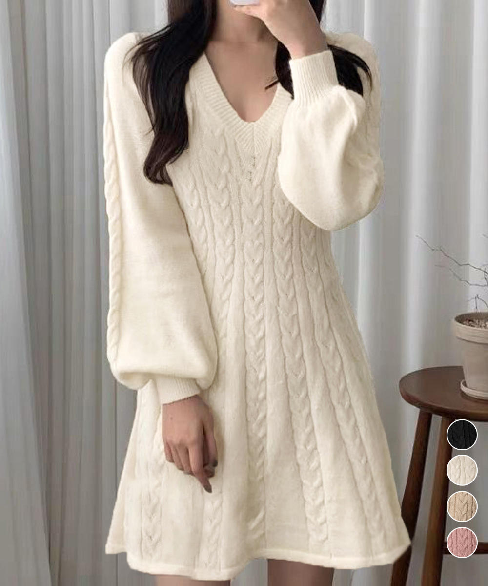 【日本倉庫即納】 ニットワンピース ケーブル編みミニワンピ