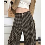 【日本倉庫即納】 チェック柄ワイドパンツハイウエスト 秋冬