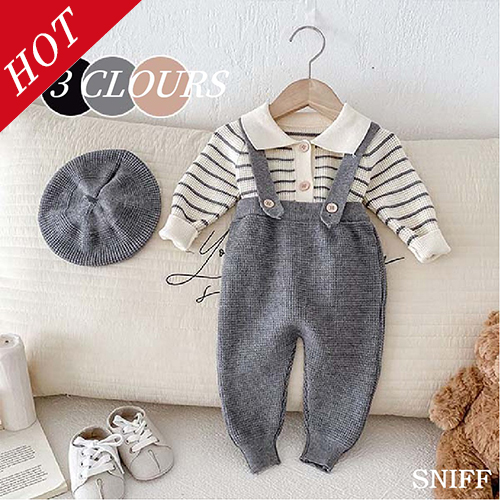 2025春新作 韓国ベビー服ボーダー柄ニットカーディガン＆サロペット