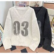 秋冬トップス メンズ   ニット セーター Ｖネック プリント