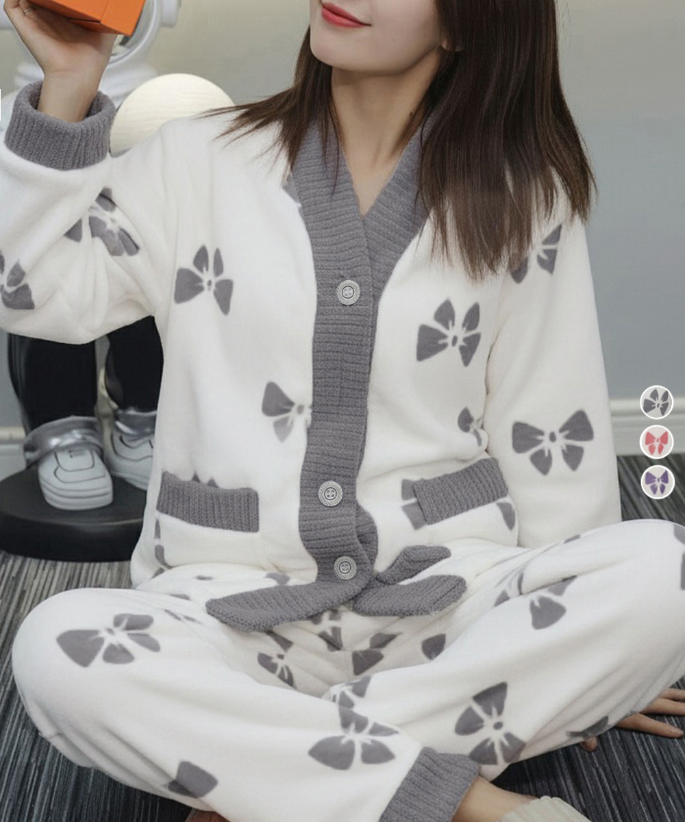 【日本倉庫即納】 リボン柄 フリースルームウエア上下セット