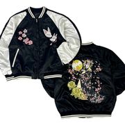 【数量限定】スカジャン 花魁狐面 インバウンド向け 和柄 ジャケット サテン 光沢 高級感 刺繍