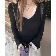 【日本倉庫即納】 レース付TシャツVネック長袖リブトップス