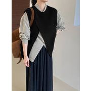 見なきゃ損する 和風テイストニットマウンテンベスト 円首 ワイドシルエット 前後非対称丈