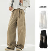メンズ 切替タックデザイン イージーパンツ 春用 ベーシック 無地 ワイドストレート ロングパンツ★全3色