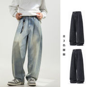 メンズ ウォッシュ加工 ヴィンテージデニムパンツ タック入り ベーシック ストレートパンツ★全3色