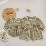2026春新作　子供服　姉妹服　ピーターパン襟　格子柄　ロンパース　ワンピース　可愛い　選べる2タイプ