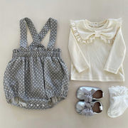 2026春※ドット柄 サロペットロンパース レース襟 リボン装飾 長袖インナー付き