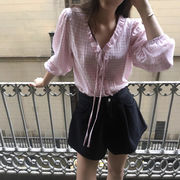 チェックリボンボレロブラウス　レディース　デザイン　韓国ファッション　INS