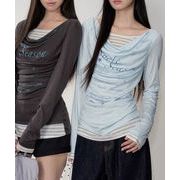 【日本倉庫即納】 ドレープネックトップスレイヤード風ロゴT